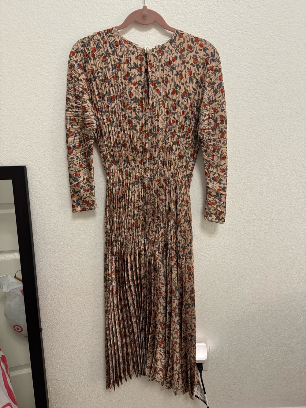 Vince Floral Pleated Long Sleeve Midi Dress